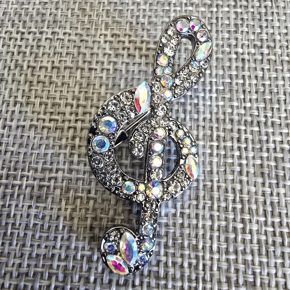 Silver Iridescent Rhinestone Crystal Music Cleft Note Brooch Pin Glam Bling - Picture 2 of 3